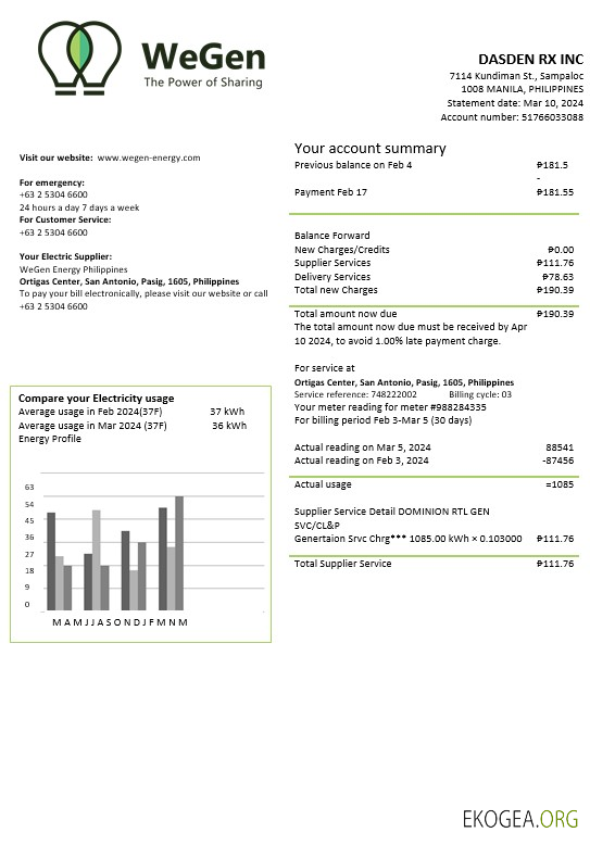 Modèle de facture de services publics des entreprises Philippines WeGen Energy Philippines aux formats Word et PDF